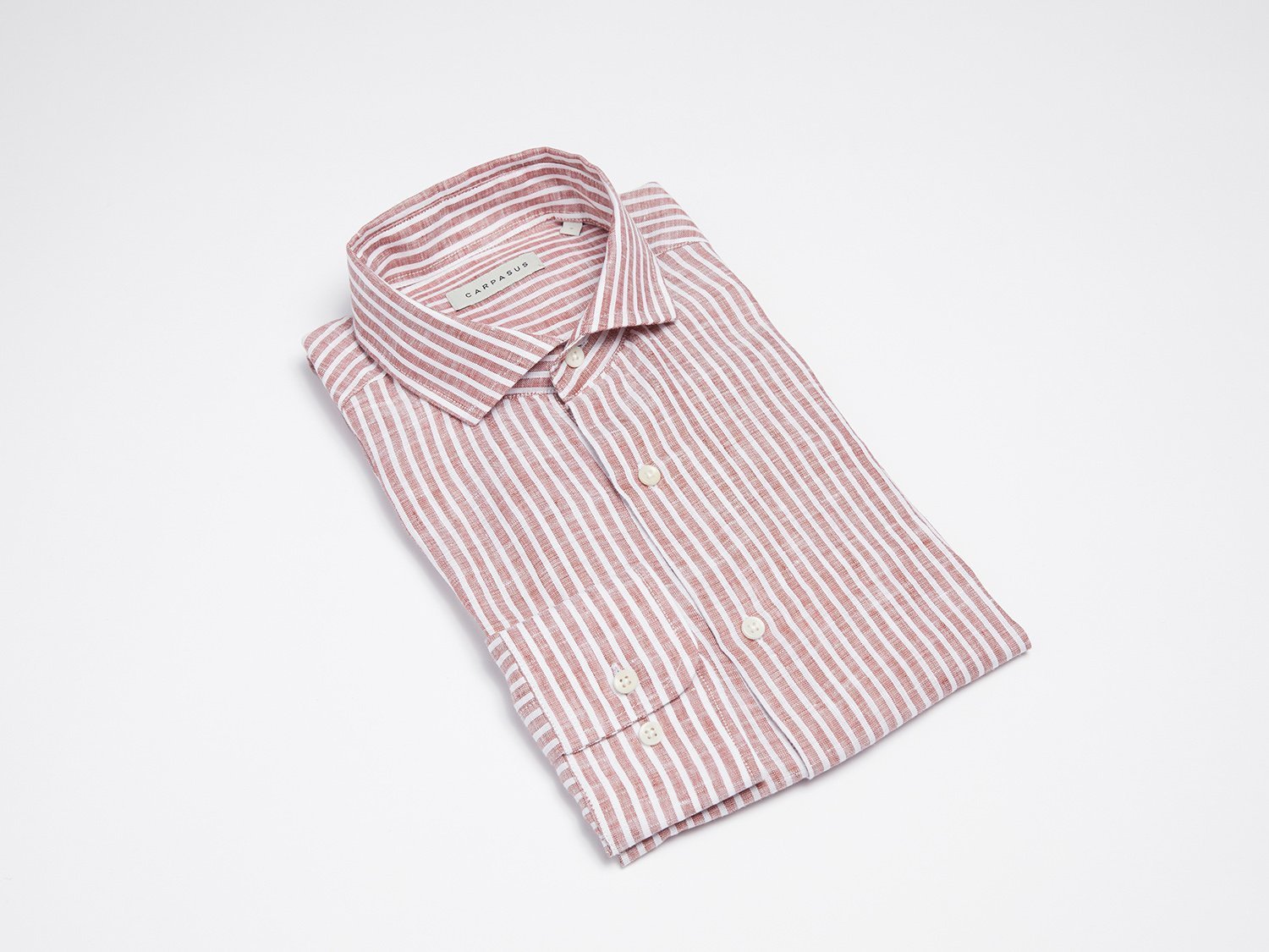 carpasus sustainable organic linen shirt stripes rust white. Nachhaltiges Carpasus Hemd aus Bio Leinen mit Streifen Rost Weiss