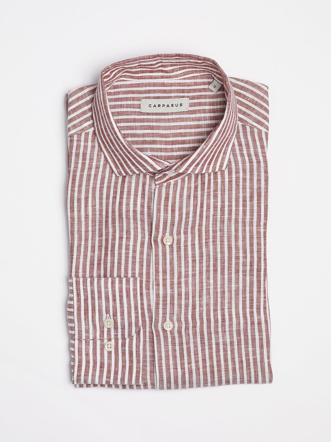 carpasus sustainable organic linen shirt stripes rust white. Nachhaltiges Carpasus Hemd aus Bio Leinen mit Streifen Rost Weiss